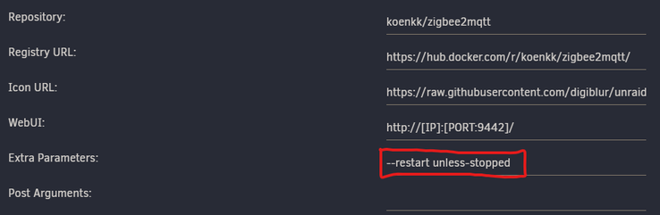 Adding restart unless-stopped extra parameter in the advanced view of the docker container