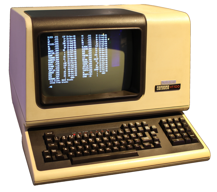 Picture showing a historical terminal; the keyboard and a display of a DEC VT100