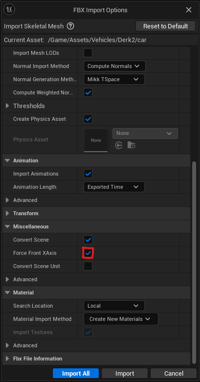 Importing FBX in UE5: Enable Force Front X Axis