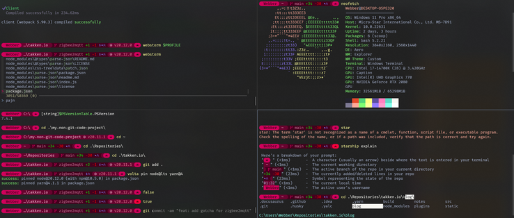 Screenshot of a terminal window with 4-split panes, showing off colours, prompt and functionality